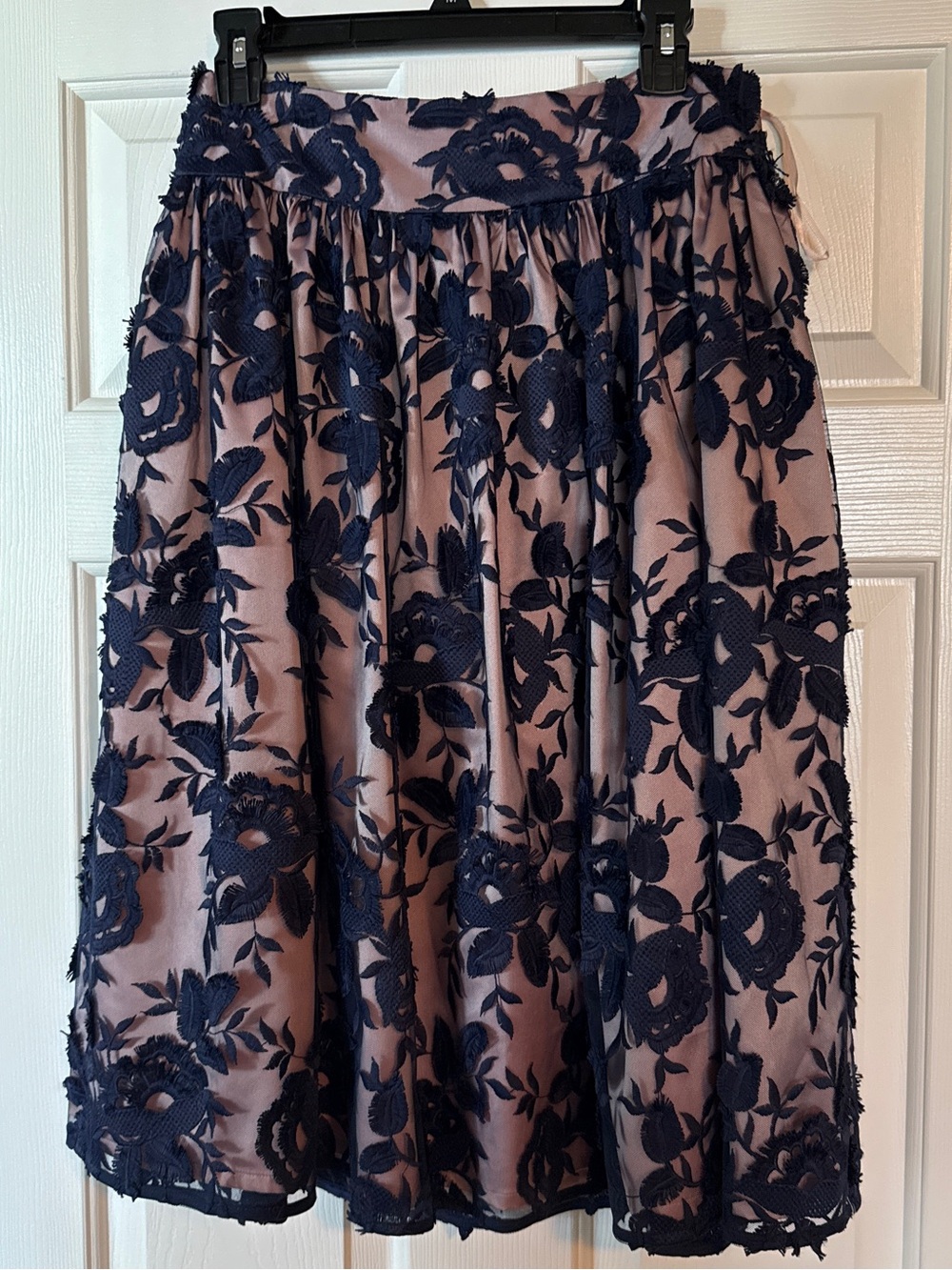 Navy Floral Lace Overlay Midi Skirt on Blush